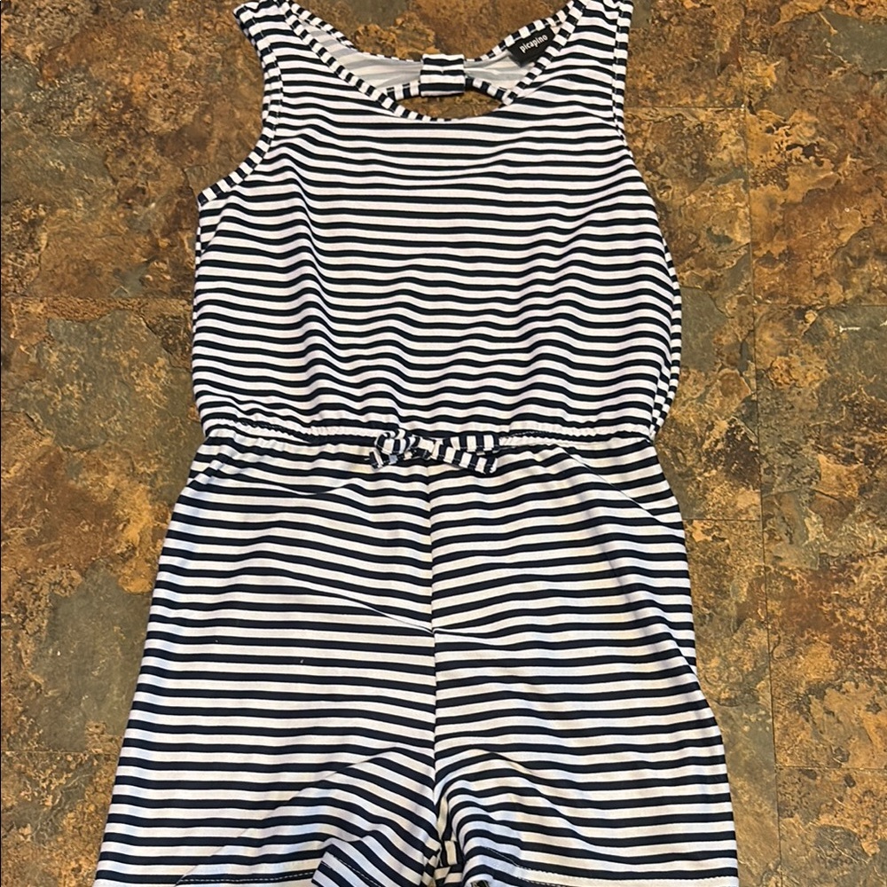 Black and White Striped Romper with Fitted Waist